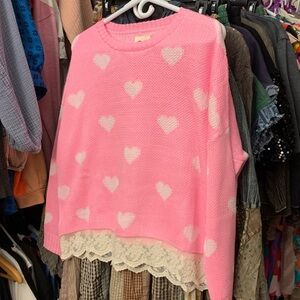 Lov Lov Pink Heart Oversized Sweater Lace Trim